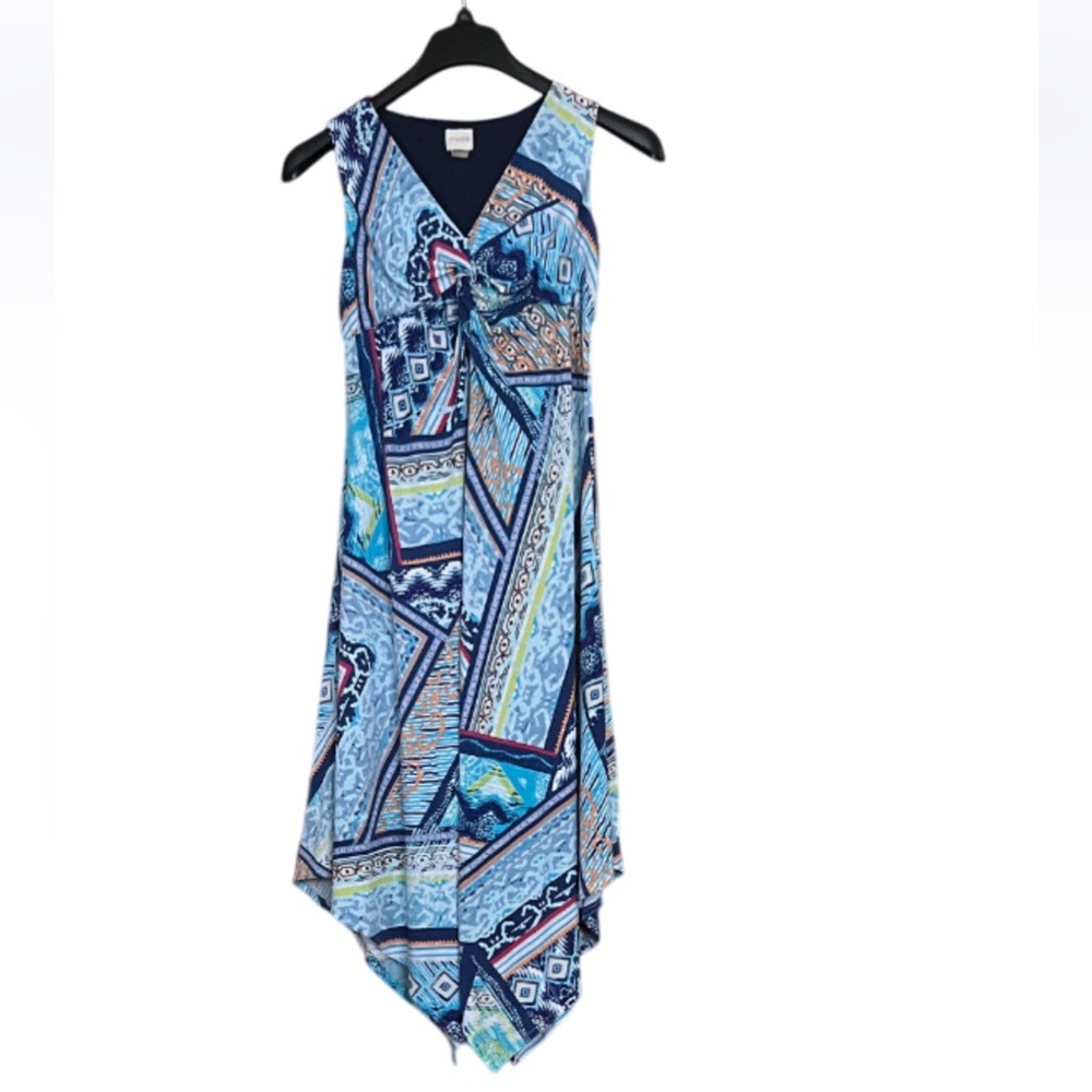 Chicos Long Sleeveless Dress Blue Abstract Asymmetrical Hem Small (4) Chicos 0
